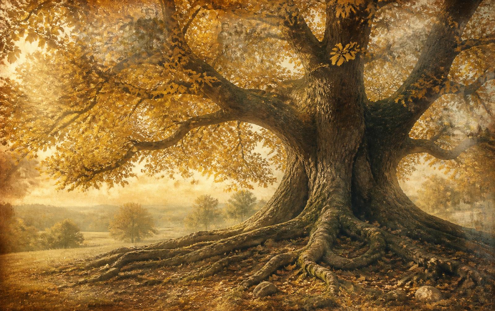 Painterly illustration of an ancient oak tree in golden autumn light